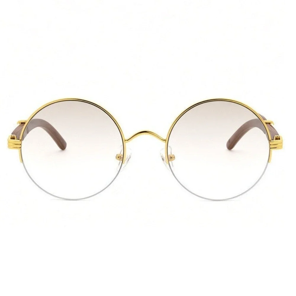 Women Round Eyeglasses Gold Frame Wood Arms Fashion Clear Glasses Sophisticated
